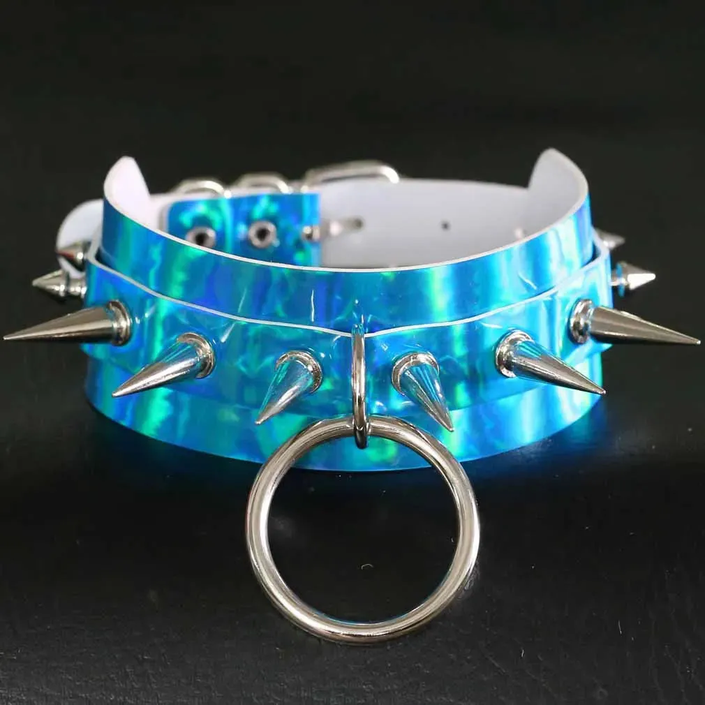 Holographic Choker Spiked Necklace Punk  Goth Leather Collar Women Kawaii Chocker Party Jewelry