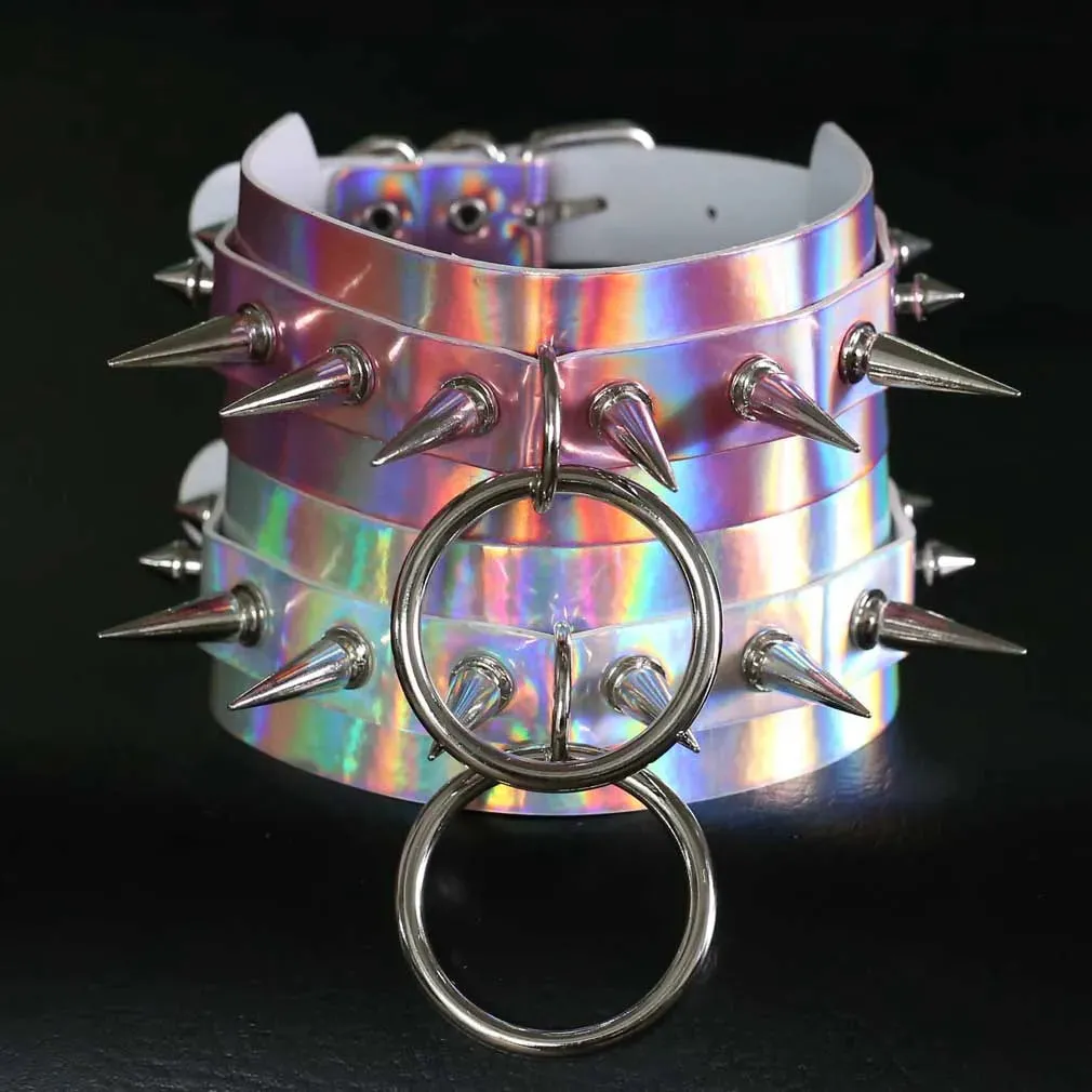 Holographic Choker Spiked Necklace Punk  Goth Leather Collar Women Kawaii Chocker Party Jewelry