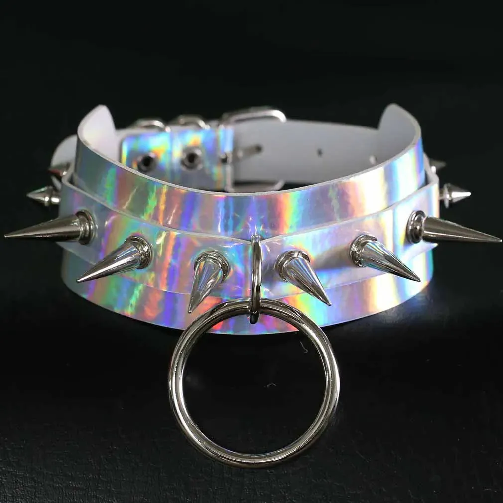 Holographic Choker Spiked Necklace Punk  Goth Leather Collar Women Kawaii Chocker Party Jewelry