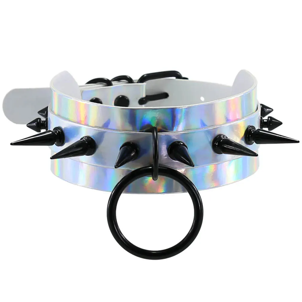 Holographic Choker Spiked Necklace Punk  Goth Leather Collar Women Kawaii Chocker Party Jewelry