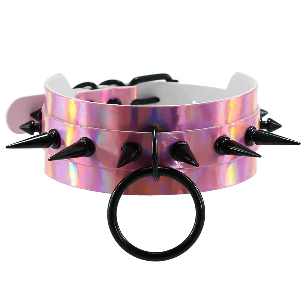 Holographic Choker Spiked Necklace Punk  Goth Leather Collar Women Kawaii Chocker Party Jewelry