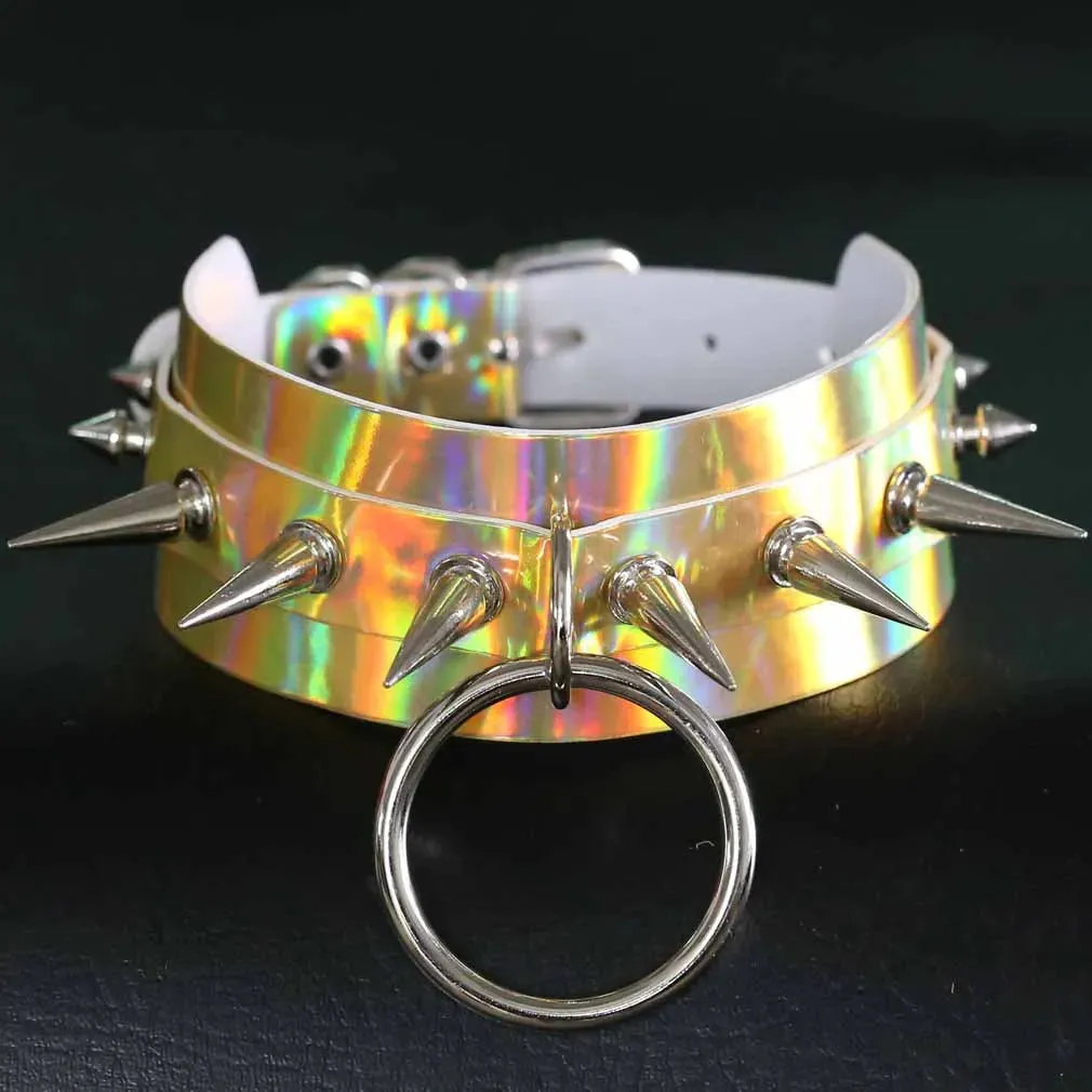 Holographic Choker Spiked Necklace Punk  Goth Leather Collar Women Kawaii Chocker Party Jewelry