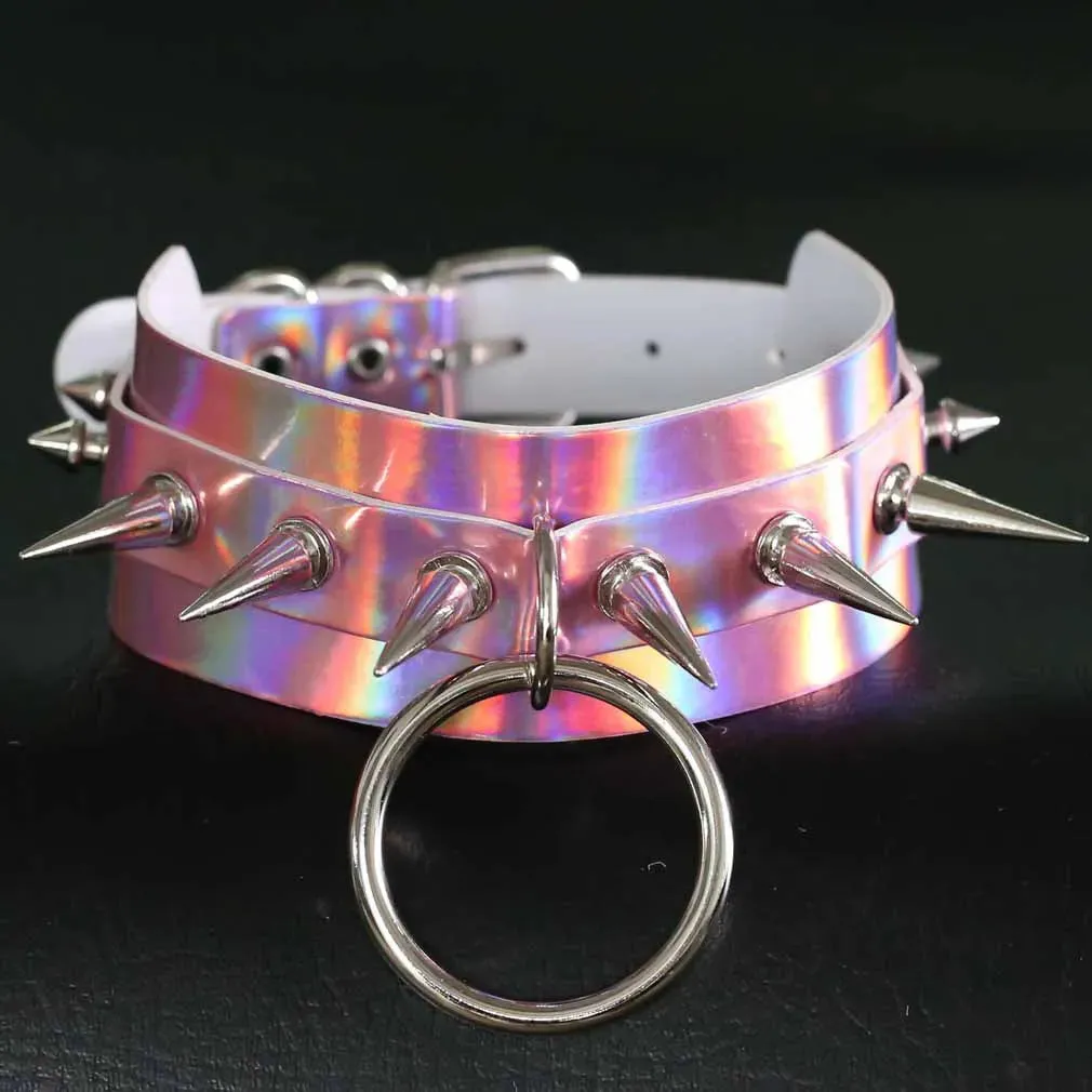 Holographic Choker Spiked Necklace Punk  Goth Leather Collar Women Kawaii Chocker Party Jewelry