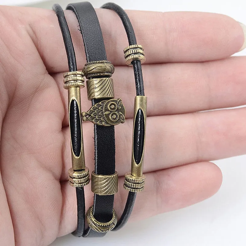 Hot Owl Charm Bracelet Wristband Punk Style Men Women Vintage Multilayer Genuine Leather Wrap Bracelet Bangles Fashion Jewelry