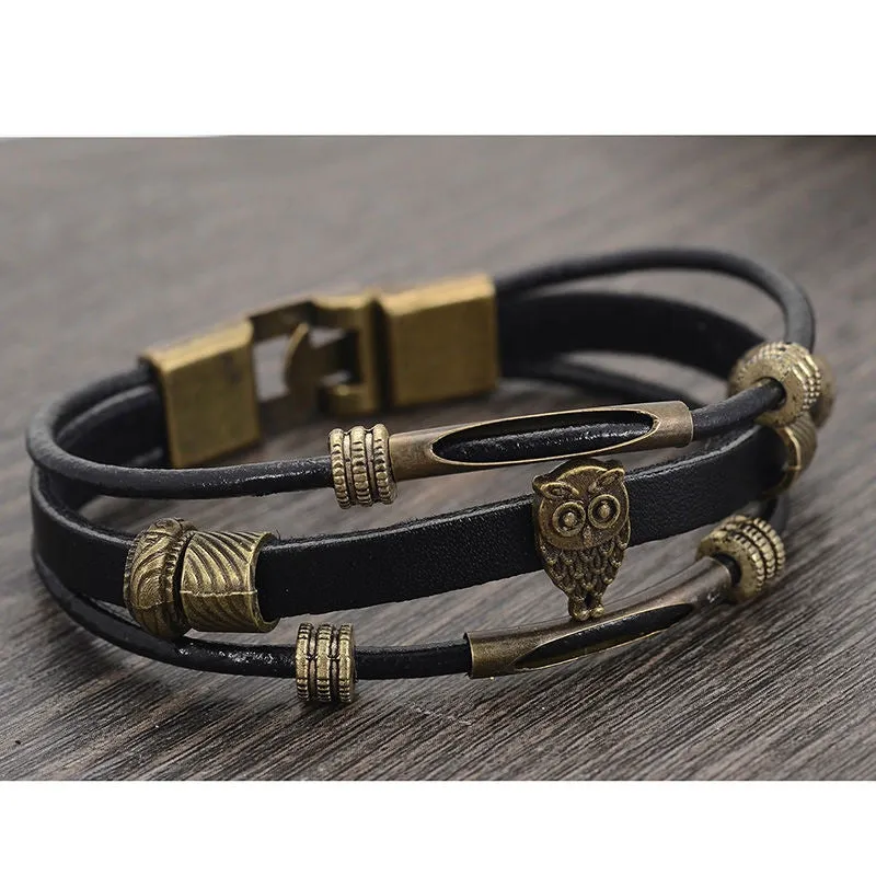 Hot Owl Charm Bracelet Wristband Punk Style Men Women Vintage Multilayer Genuine Leather Wrap Bracelet Bangles Fashion Jewelry