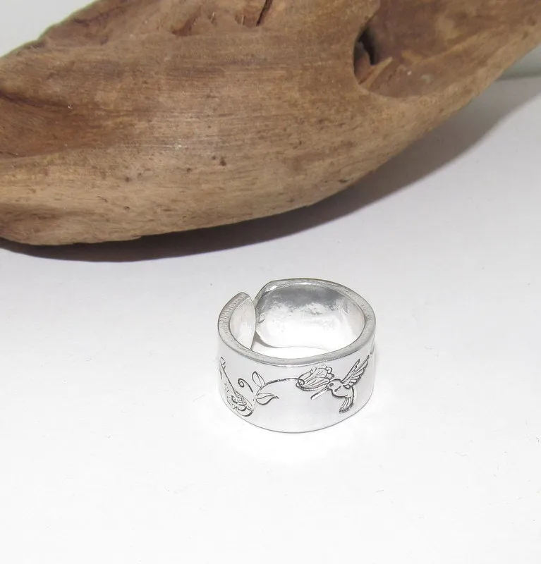 Humming bird  Adjustable stamped ring,  humming bird  lover aluminum ring, inspiration rings, adjustable silver ring, stamped jewelry,