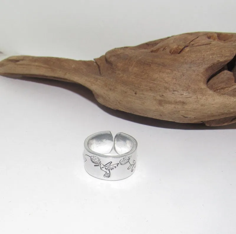 Humming bird  Adjustable stamped ring,  humming bird  lover aluminum ring, inspiration rings, adjustable silver ring, stamped jewelry,