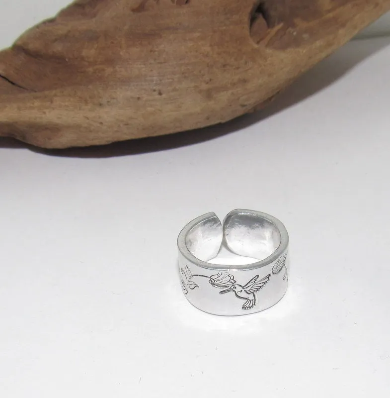Humming bird  Adjustable stamped ring,  humming bird  lover aluminum ring, inspiration rings, adjustable silver ring, stamped jewelry,
