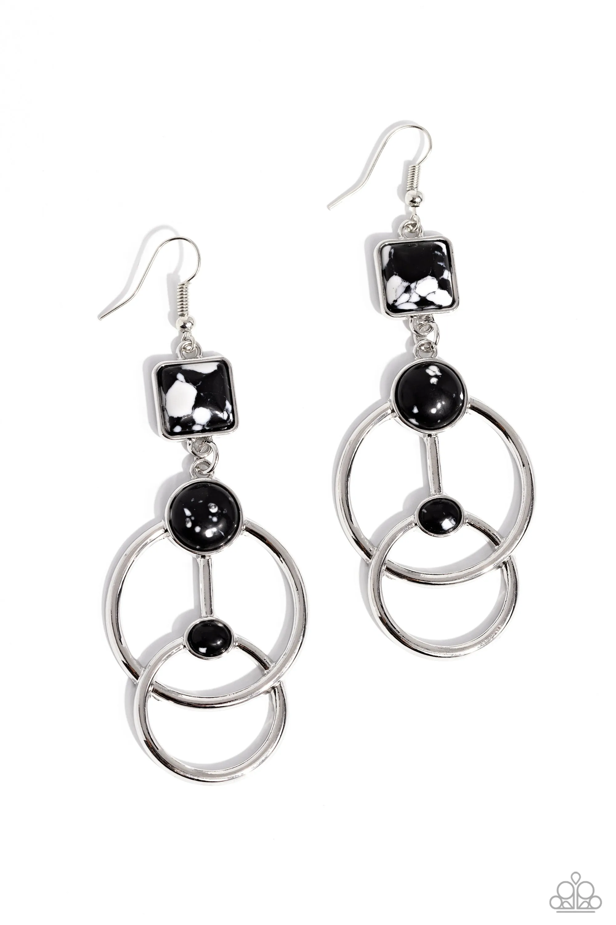Interlocked Influence - Black - Marbled Stone Silver Ring Paparazzi Fishhook Earrings