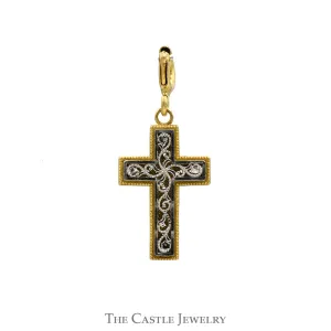 Intricate Filigree Designed Cross Pendant in 14k Two Tone White & Yellow Gold