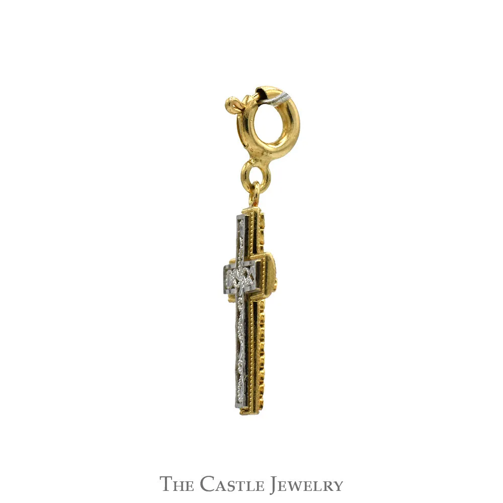 Intricate Filigree Designed Cross Pendant in 14k Two Tone White & Yellow Gold