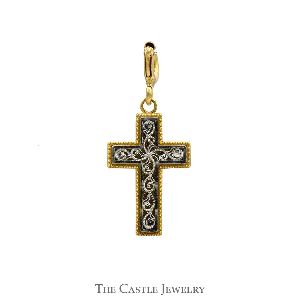 Intricate Filigree Designed Cross Pendant in 14k Two Tone White & Yellow Gold
