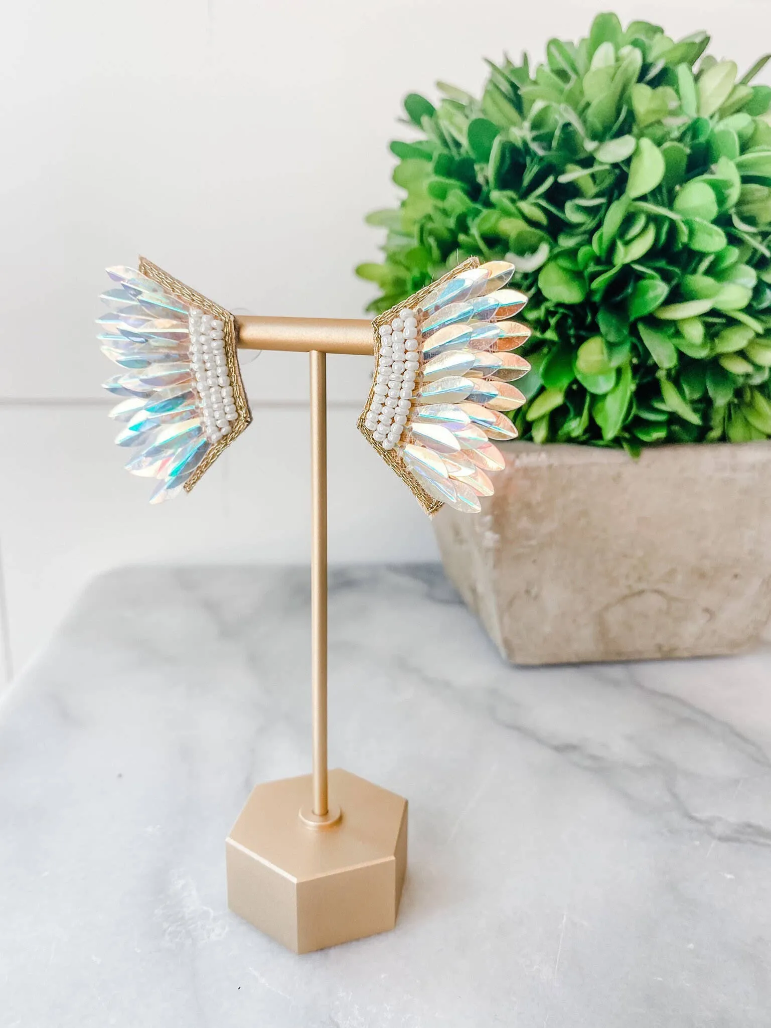 Iridescent Sequin Wing Beaded Statement Earrings
