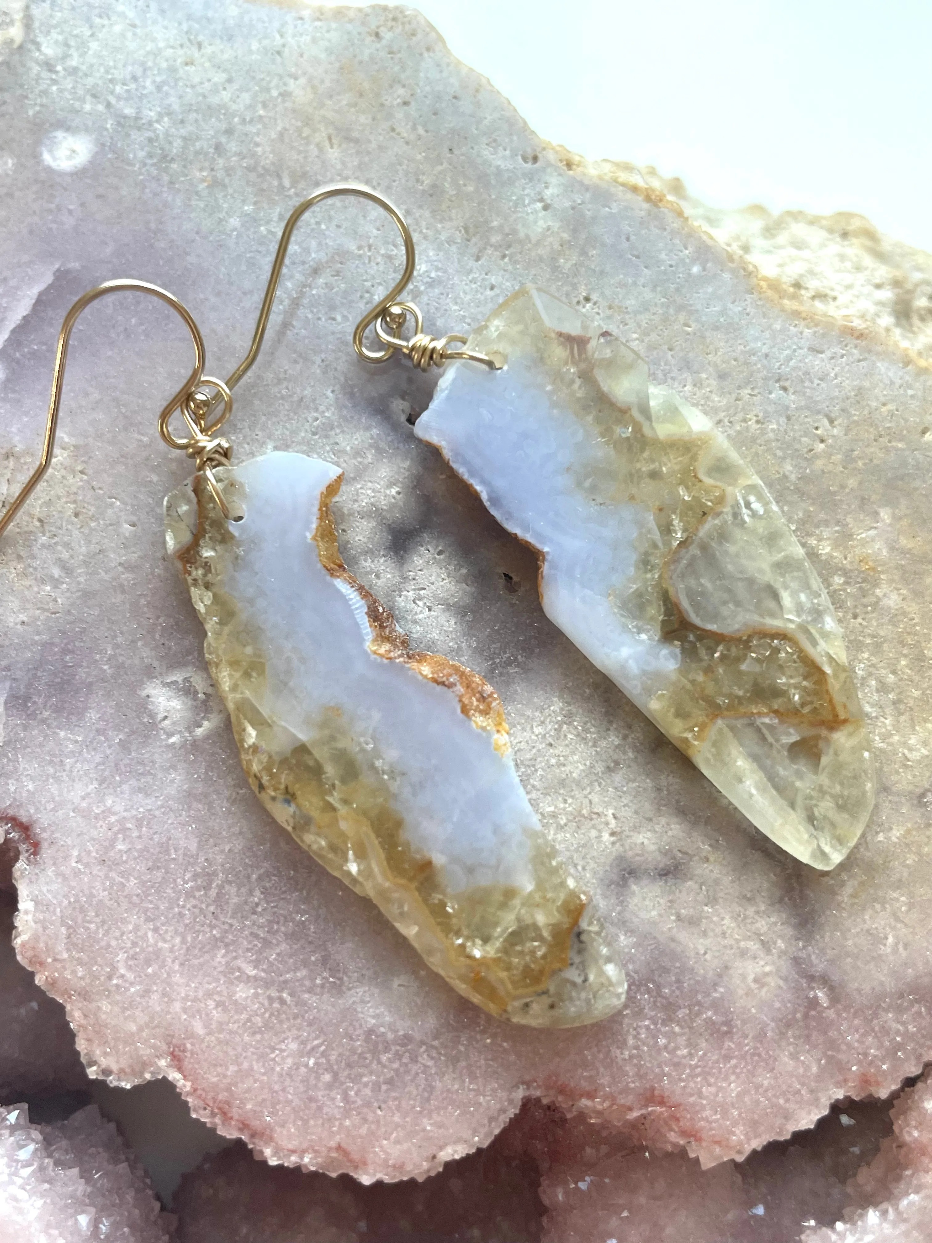 Large Blue Lace Agate Gold Filled Statement Crystal Gemstone Earrings