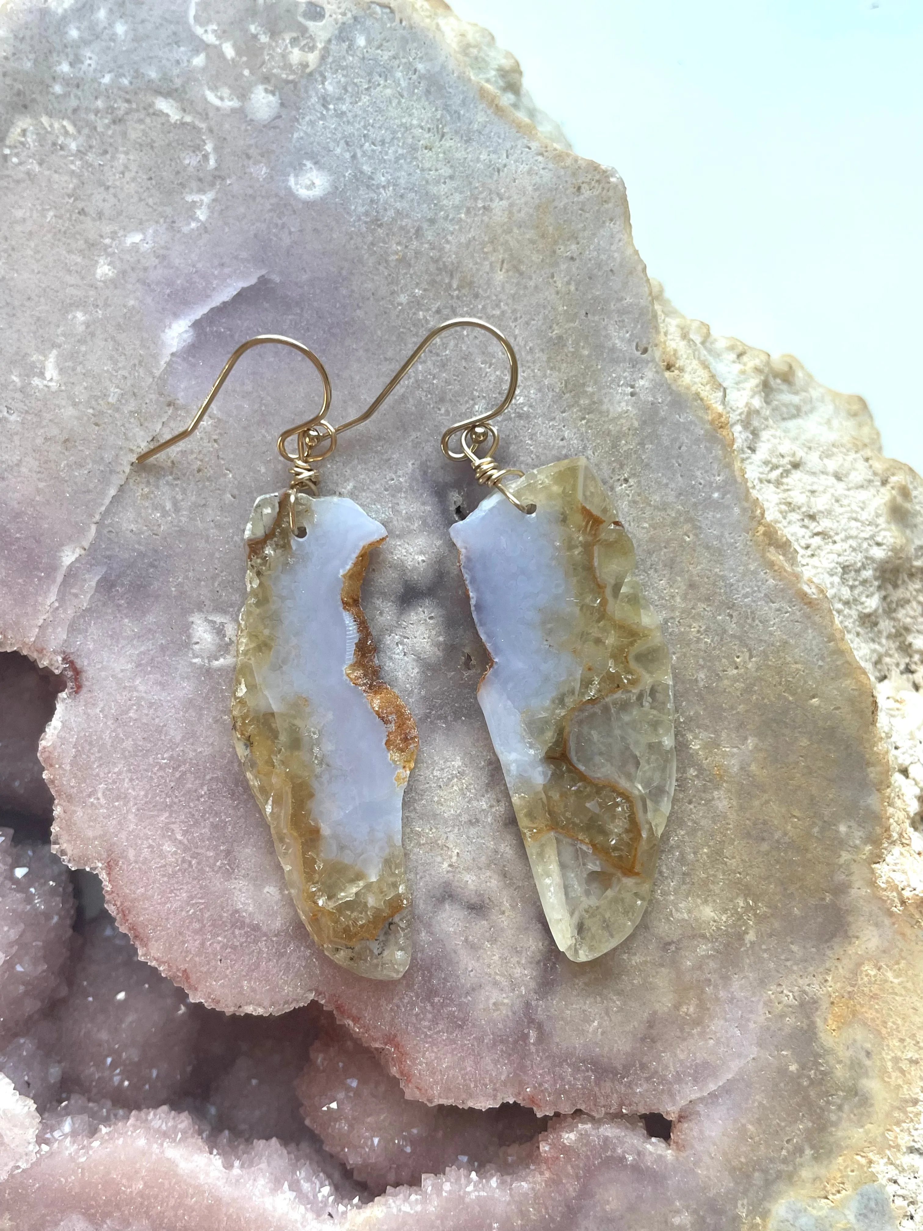 Large Blue Lace Agate Gold Filled Statement Crystal Gemstone Earrings