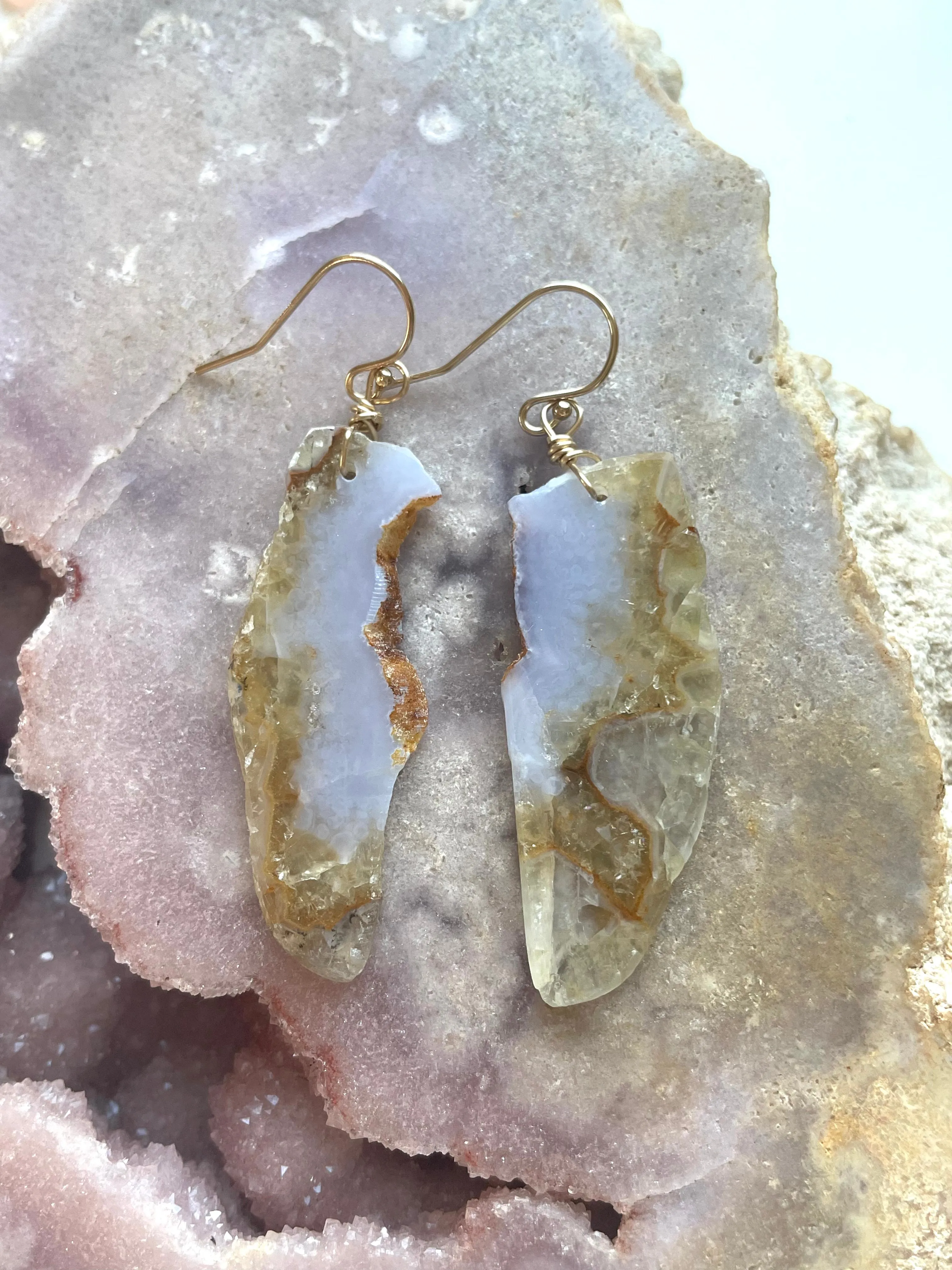 Large Blue Lace Agate Gold Filled Statement Crystal Gemstone Earrings