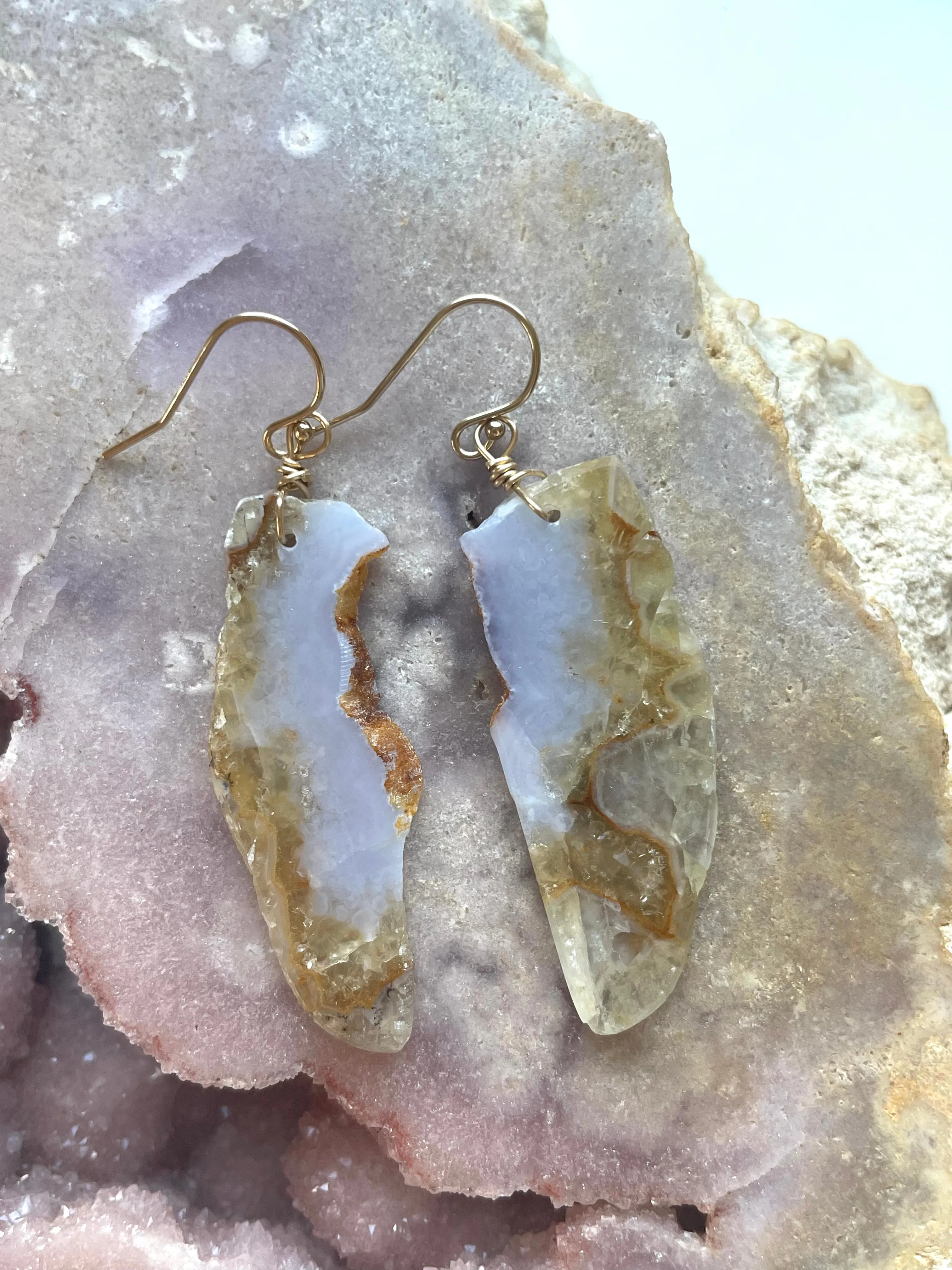 Large Blue Lace Agate Gold Filled Statement Crystal Gemstone Earrings