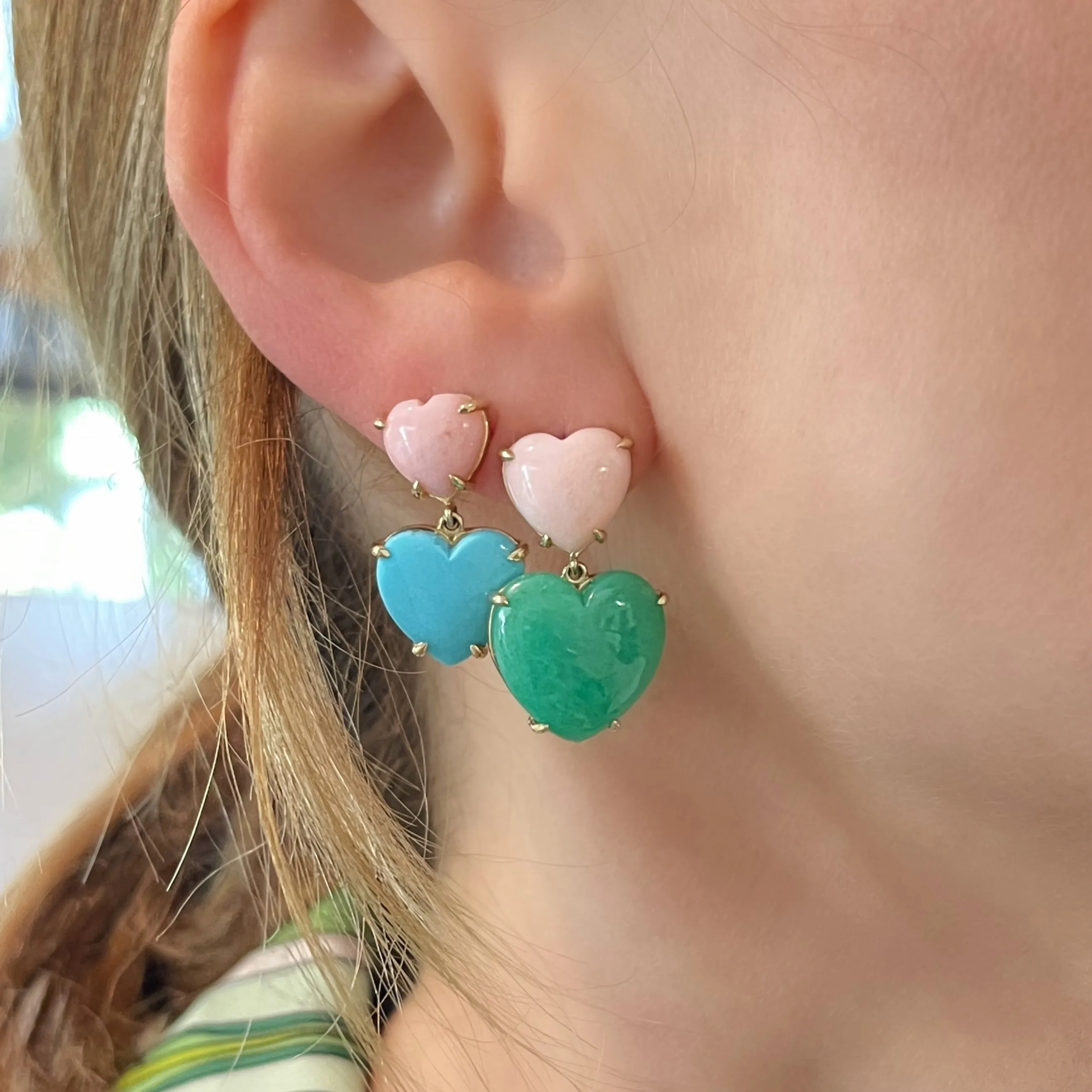 Large Gemstone Double Heart Drop Earrings