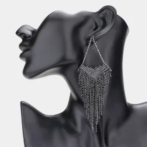 Large Jet Black Rhinestone Statement Pageant Fringe Earrings | 584662