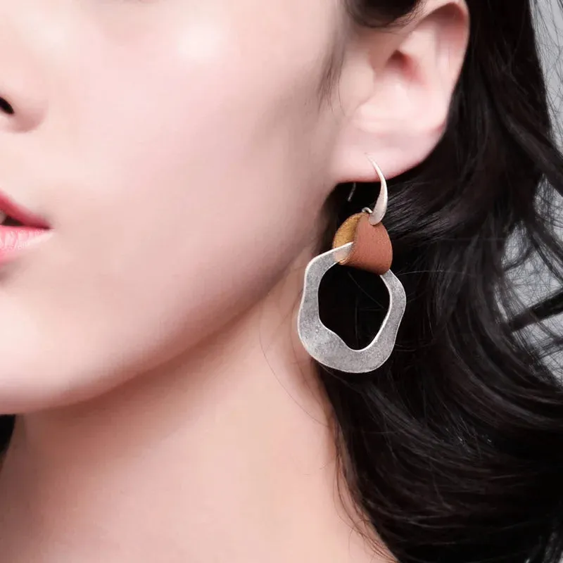 Leather & Hammered Copper Drop Earrings | Geometric Square Statement Earrings | Women's Jewelry