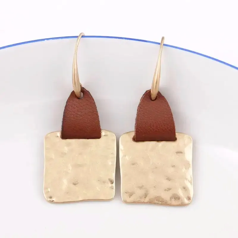 Leather & Hammered Copper Drop Earrings | Geometric Square Statement Earrings | Women's Jewelry