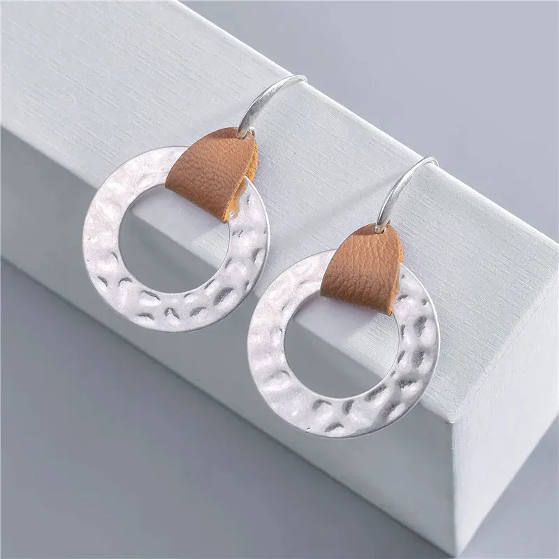 Leather & Hammered Copper Drop Earrings | Geometric Square Statement Earrings | Women's Jewelry