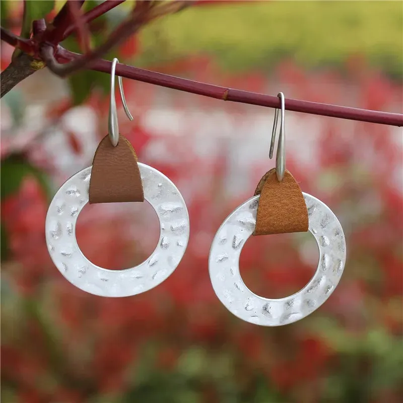 Leather & Hammered Copper Drop Earrings | Geometric Square Statement Earrings | Women's Jewelry
