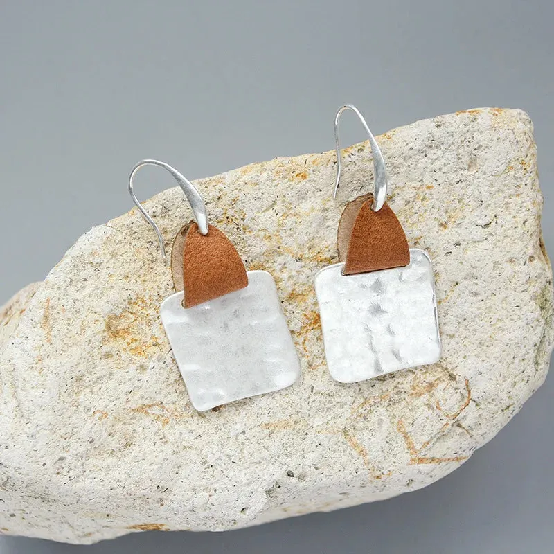 Leather & Hammered Copper Drop Earrings | Geometric Square Statement Earrings | Women's Jewelry