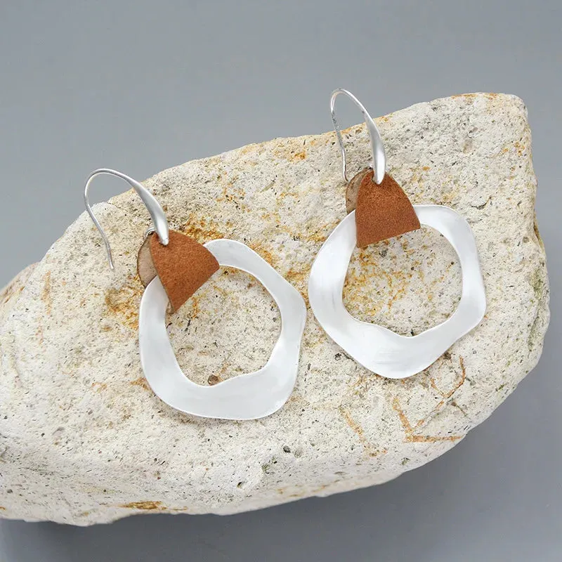 Leather & Hammered Copper Drop Earrings | Geometric Square Statement Earrings | Women's Jewelry