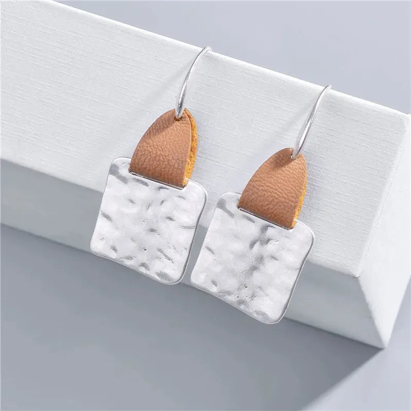 Leather & Hammered Copper Drop Earrings | Geometric Square Statement Earrings | Women's Jewelry