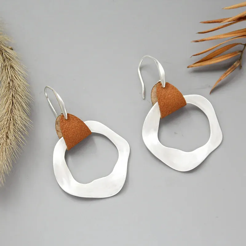 Leather & Hammered Copper Drop Earrings | Geometric Square Statement Earrings | Women's Jewelry