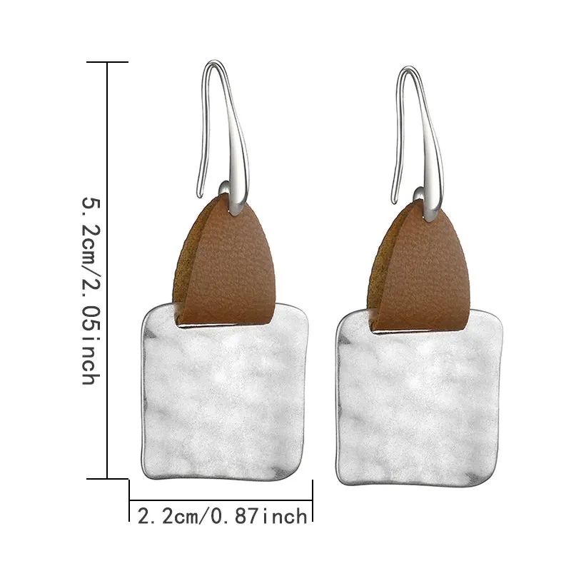 Leather & Hammered Copper Drop Earrings | Geometric Square Statement Earrings | Women's Jewelry