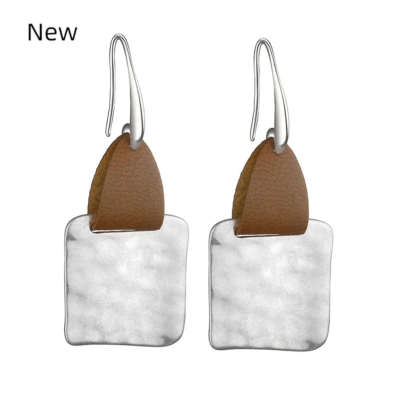 Leather & Hammered Copper Drop Earrings | Geometric Square Statement Earrings | Women's Jewelry