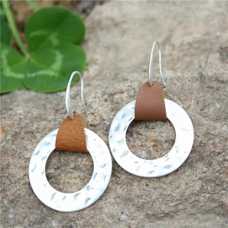 Leather & Hammered Copper Drop Earrings | Geometric Square Statement Earrings | Women's Jewelry