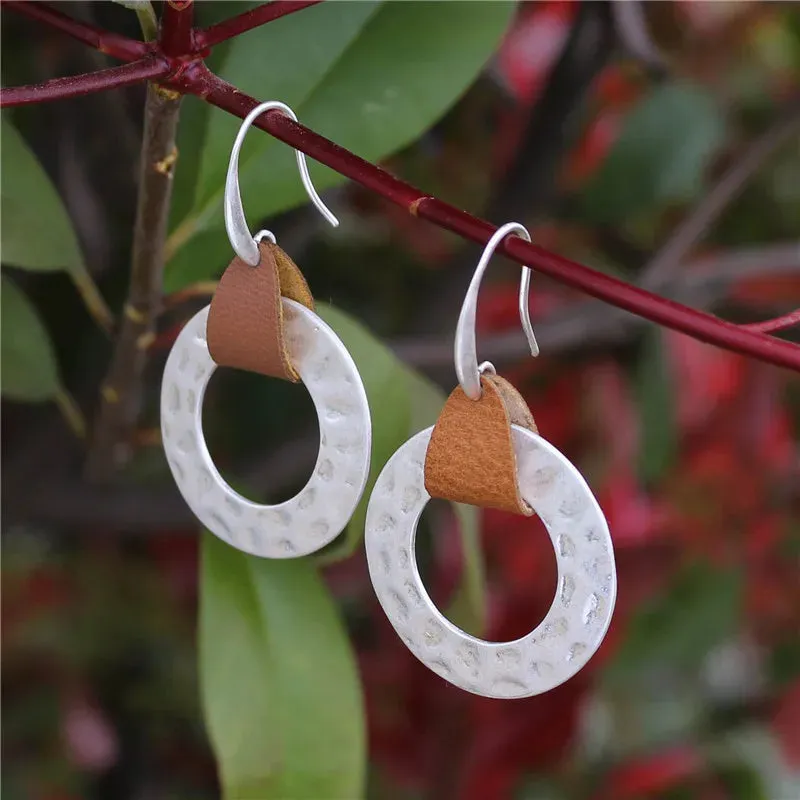 Leather & Hammered Copper Drop Earrings | Geometric Square Statement Earrings | Women's Jewelry