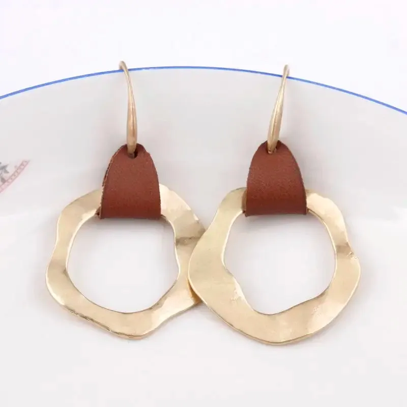 Leather & Hammered Copper Drop Earrings | Geometric Square Statement Earrings | Women's Jewelry