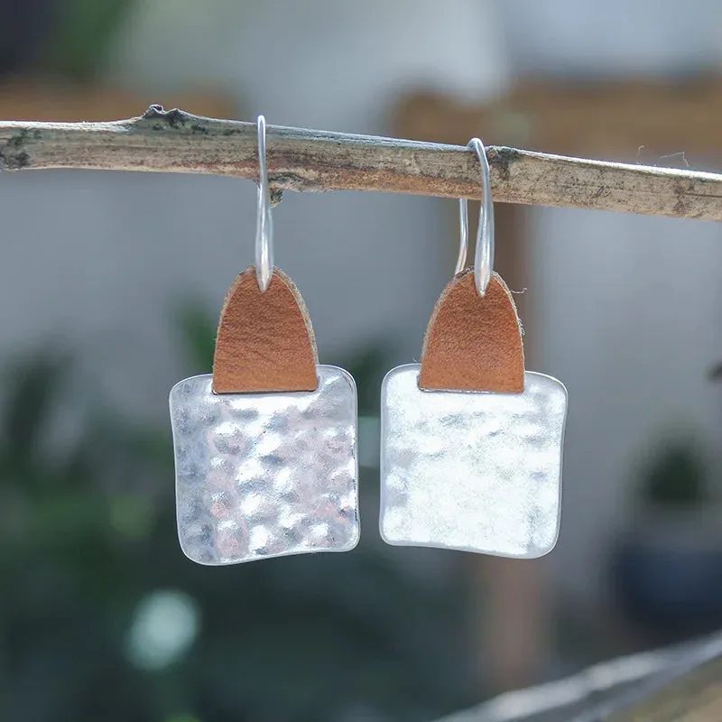 Leather & Hammered Copper Drop Earrings | Geometric Square Statement Earrings | Women's Jewelry
