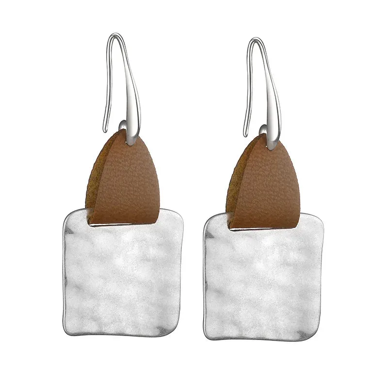 Leather & Hammered Copper Drop Earrings | Geometric Square Statement Earrings | Women's Jewelry