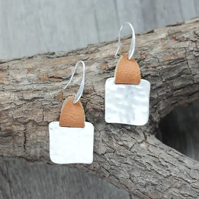 Leather & Hammered Copper Drop Earrings | Geometric Square Statement Earrings | Women's Jewelry