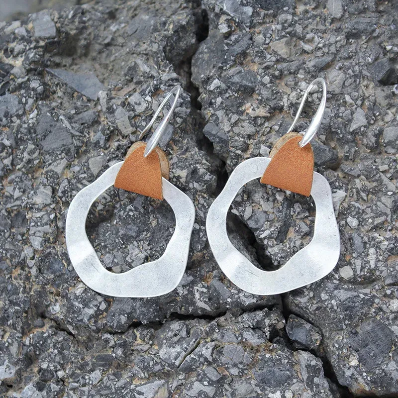Leather & Hammered Copper Drop Earrings | Geometric Square Statement Earrings | Women's Jewelry