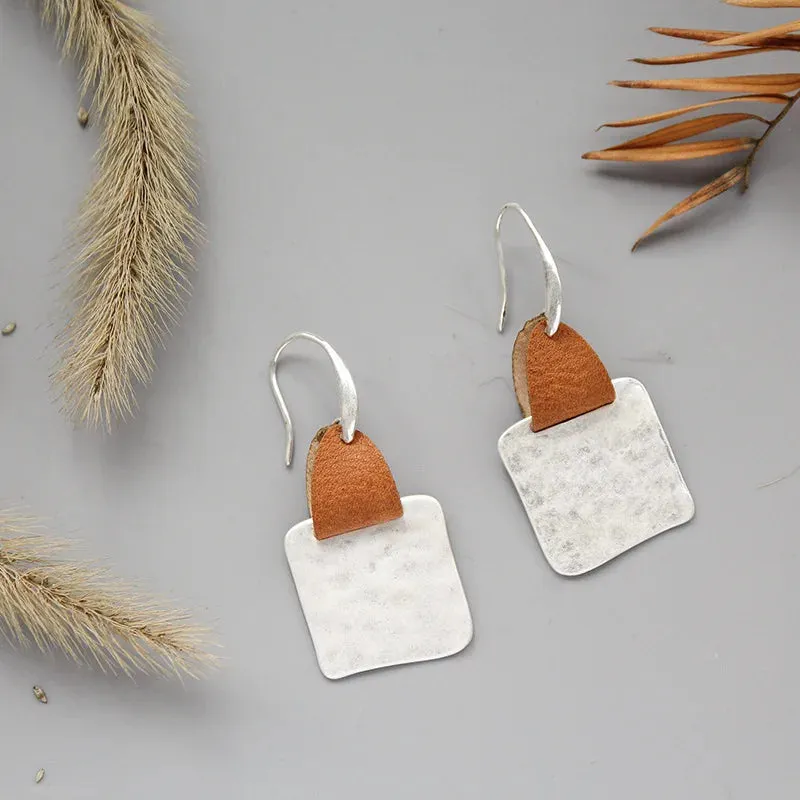 Leather & Hammered Copper Drop Earrings | Geometric Square Statement Earrings | Women's Jewelry