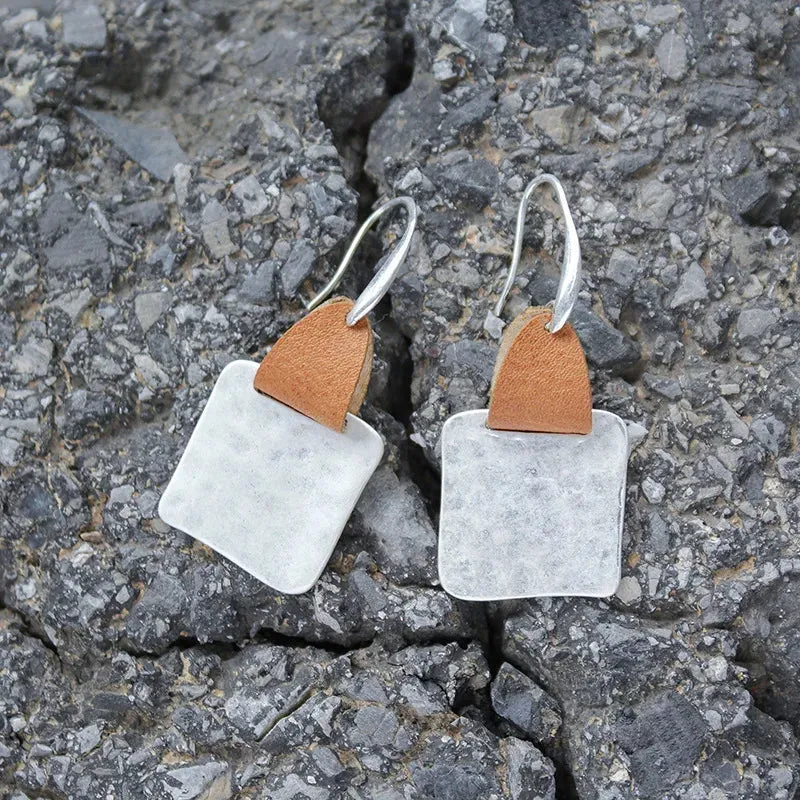Leather & Hammered Copper Drop Earrings | Geometric Square Statement Earrings | Women's Jewelry