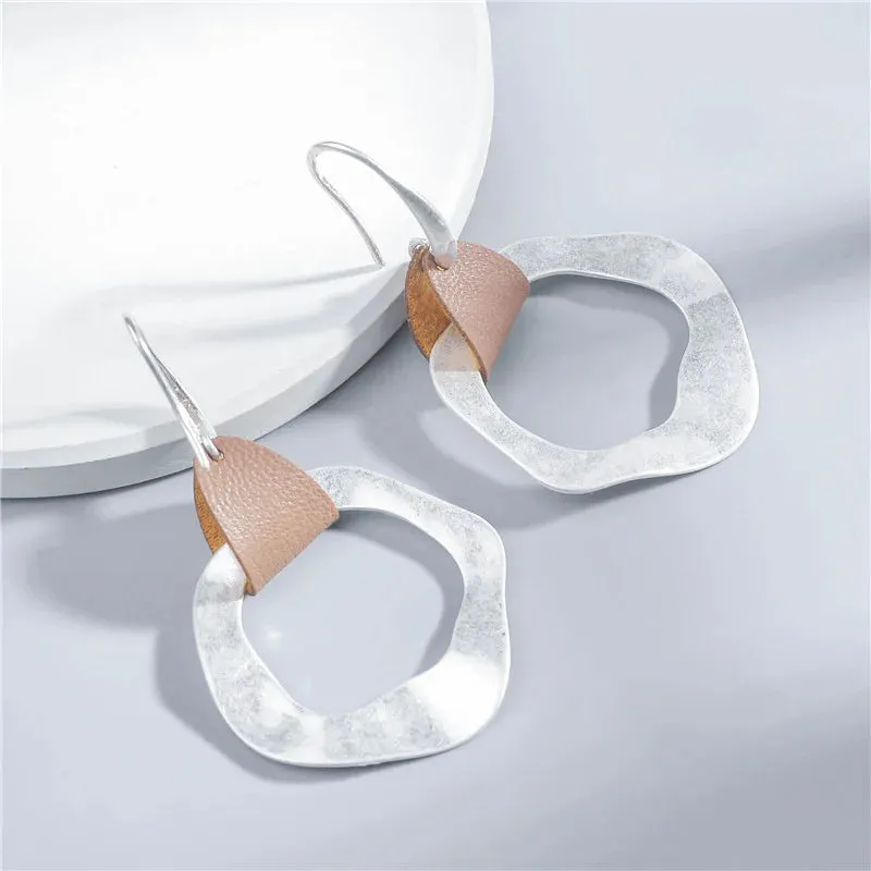 Leather & Hammered Copper Drop Earrings | Geometric Square Statement Earrings | Women's Jewelry
