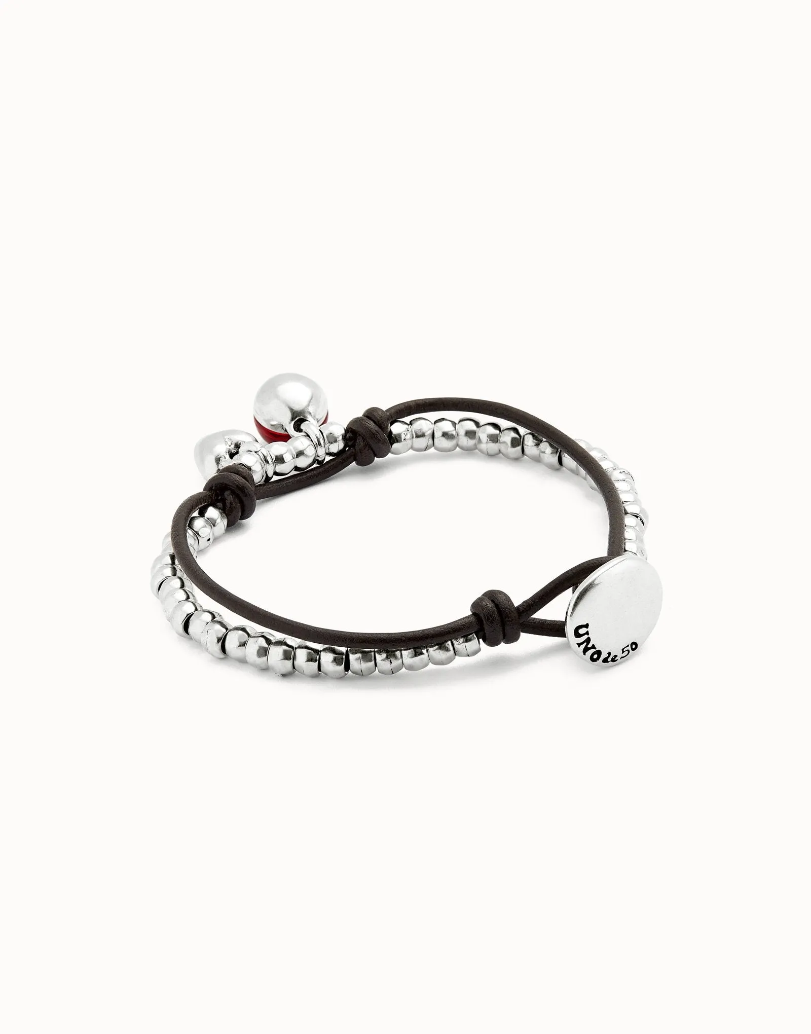 Leather beaded bracelet with red murano glass (silver)