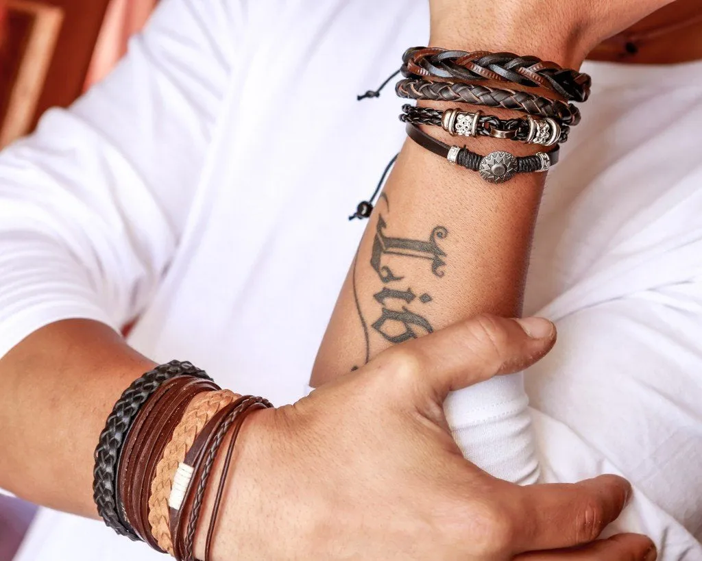 leather bracelet braided round - dark brown