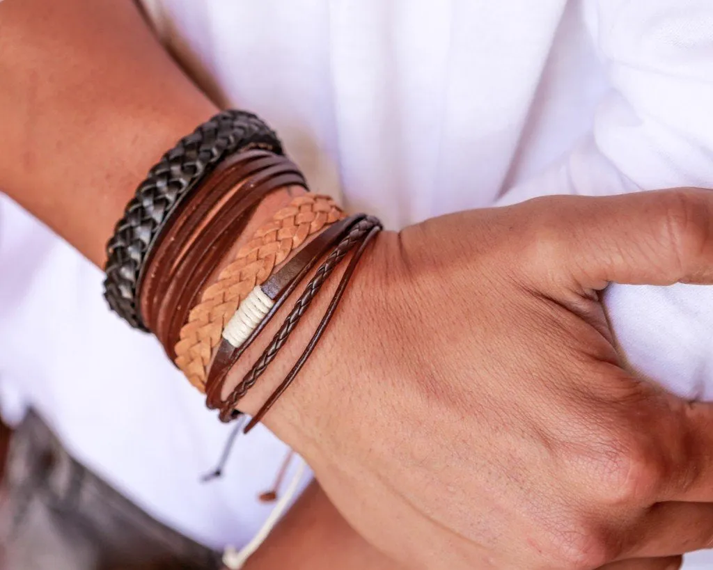 leather bracelet braided round - dark brown