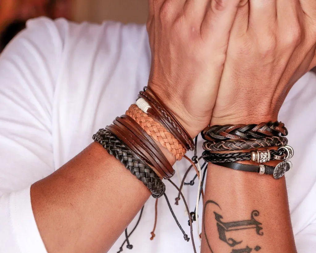 leather bracelet braided round - dark brown