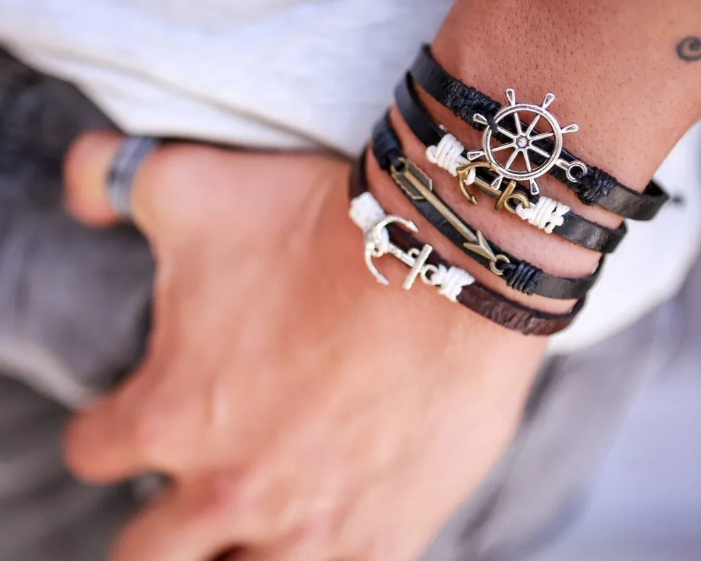 Leather Bracelet metal love anchor Black