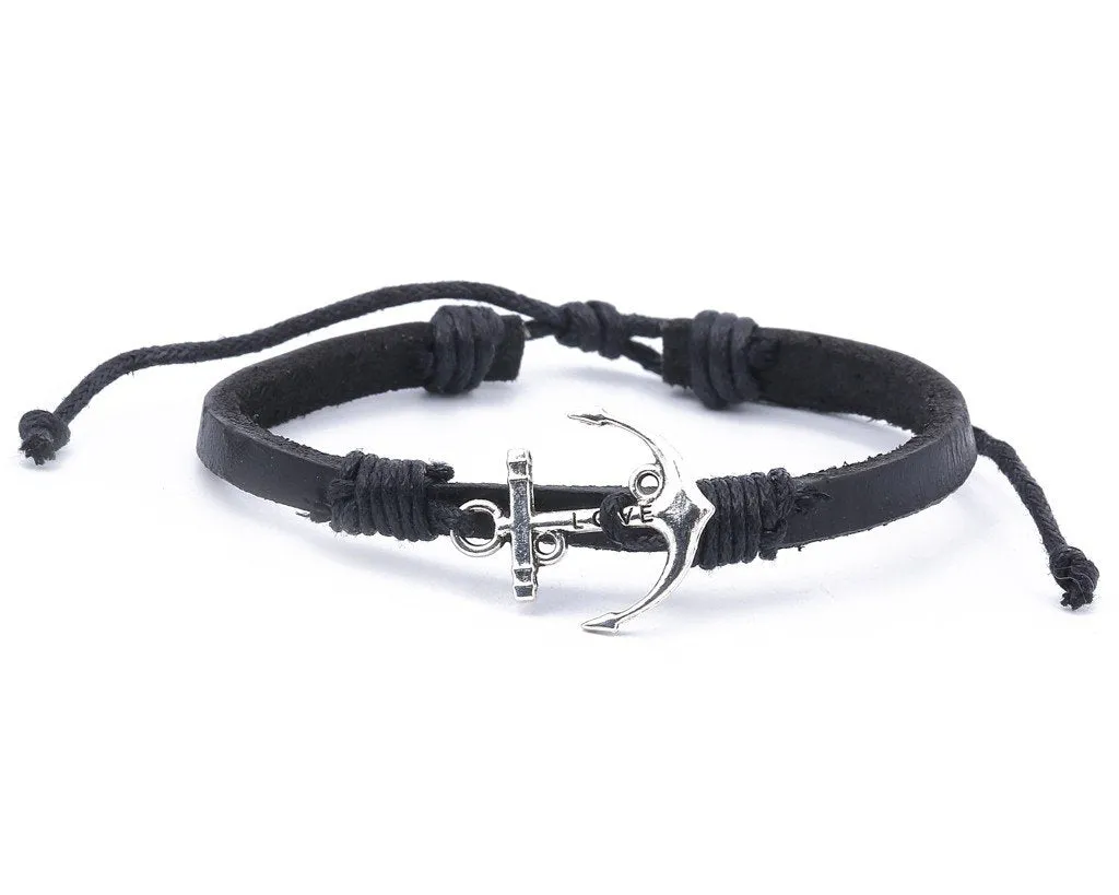 Leather Bracelet metal love anchor Black