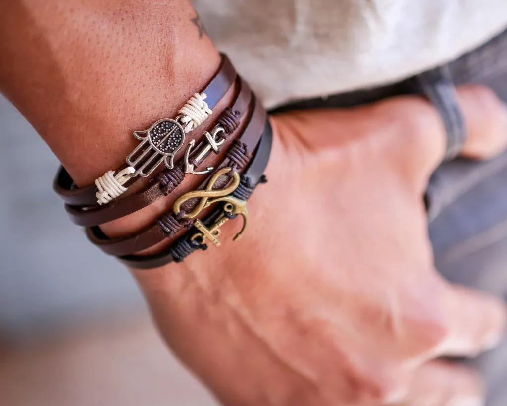Leather Bracelet metal love anchor Black